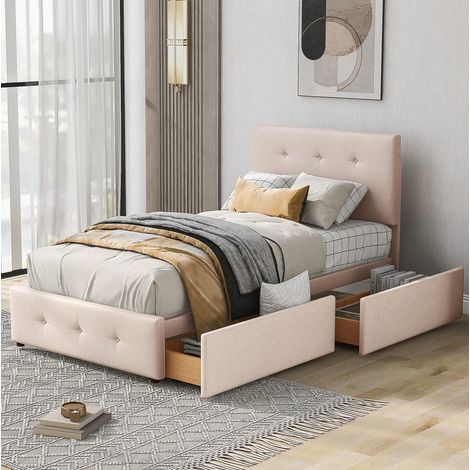 DESVIAE Lit simple rembourré 90 x 200 cm avec sommier à lattes dossier et tiroir de rangement beige tissu velours pour chambre enfant adolescent ou amis (1/5)