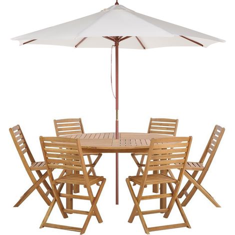 Conjunto de comedor 6 plazas de madera de acacia beige mesa sillas sombrilla Tolve (1/5)