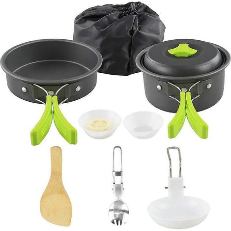 Ensemble de vaisselle de camping portable pour la cuisine en plein air : ustensiles de cuisine, poêle, casserole, bol, cuillère, fourchette, accessoires ultralégers pour la randonnée et les pique-niqu (1/5)