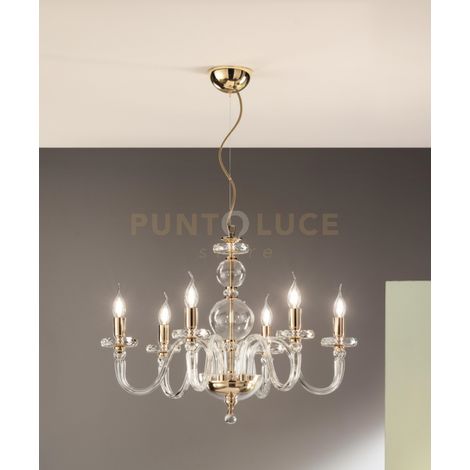 LAMPADARIO BACH 6 LUCI CRISTALLO E FINITURA ORO ATTACCO E14