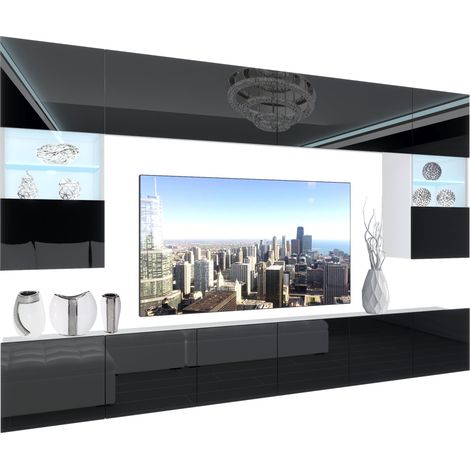 BELINI - Unité Murale TV NEX I Ensemble Muebles de Salon Complet I Ensemble Meuble TV avec Illumination LED I Dimensions: 300 x 180 x 36 cm I Coleur: Noir très Brillant