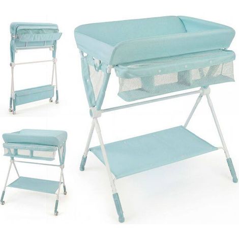 Table à langer pliante pour bébé, table à langer portable, hauteur réglable sur 5 niveaux avec roues, étagère et panier - vert (1/5)