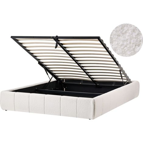 Slatted Bed Frame Off-White Boucle Upholstered Ottoman Storage 4ft6 EU Double Size Modern Design GENAS