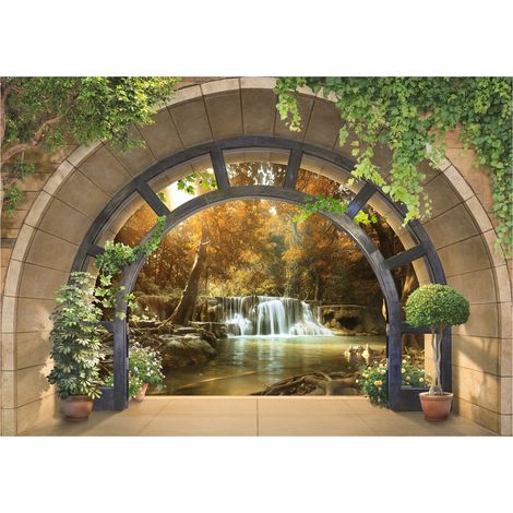 Papier peint panoramique fenêtre avec cascade 3D verte, décoration murale pour salon ou chambre à coucher – 400 x 280 cm Wallarena