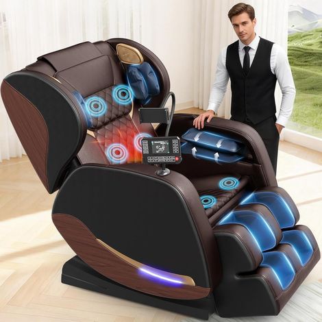 Fauteuil de massage chauffant, équipé de 8 coussins gonflables, 14 rouleaux de massage, 15 programmes de massage, haut-parleurs Bluetooth et repose-pieds réglable de 13 cm, marron