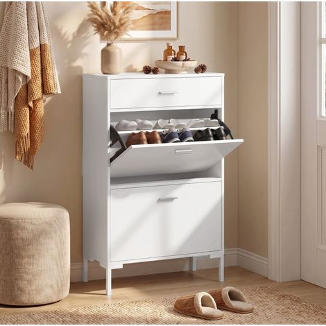 Zapatero blanco 75x26x110 cm, 2 puertas abatibles, cajón, para recibidor - CHICFURN (1/5)