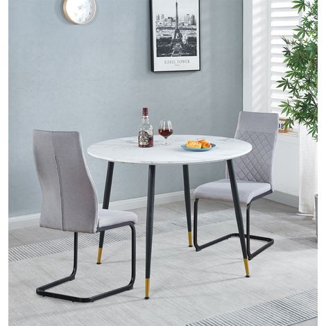 Hallowood Furniture Finley Small Kitchen Table and Chairs Set of 2, White Marble Effect Round Dining Table and High Back Light Grey Chairs, Dining Room Set for Home for Office and Café (1/5)