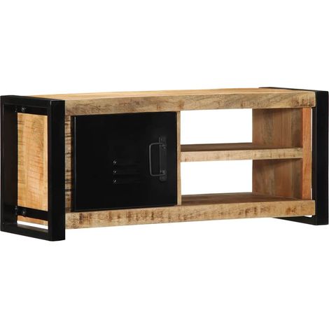 Mobile porta TV 80 x 30 x 35 cm con ampio spazio di archiviazione stile industriale realizzato in legno massello di mango grezzo 020057632