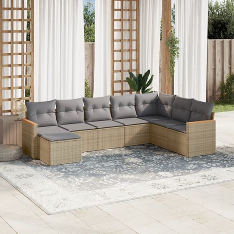 Salon de jardin modulable 8 pièces en résine tressée mélange beige avec coussins gris clair et coffres de rangement (1/5)