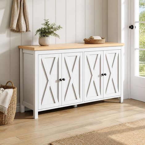 Aparador blanco de 4 puertas 140 x 40 x 78 cm en MDF, 2 estantes, tiradores negros (1/5)