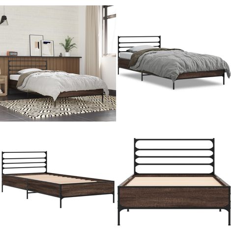 Bettgestell Braun Eichen-Optik 100x200 cm Holzwerkstoff Metall - Holzbettrahmen - Doppelbett - Bettkasten - Eiche Optik - Massivholzbette - Home & Living (1/5)