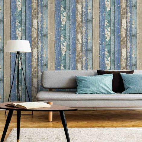 Rustic Distressed Elm Wood Plank Effect Blue Cabin Beige Realistic Wallpaper (1/4)