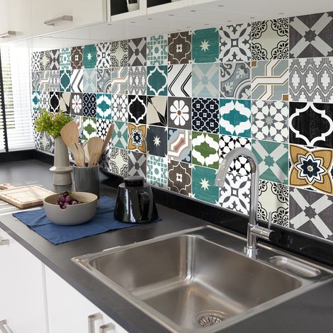Sticker Mural Carrelage adhésif Cuisine Salle de Bain - 24 STICKERS CARREAUX DE CIMENT AUTHENTIQUES TILINIA - 24stickers10x10cm (1/5)