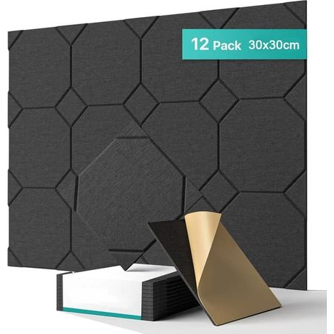 Lot de 12 panneaux insonorisants autocollants, panneaux muraux insonorisants haute densité, rembourrage insonorisant en polyester, 30 x 30 x 1 cm (1/5)