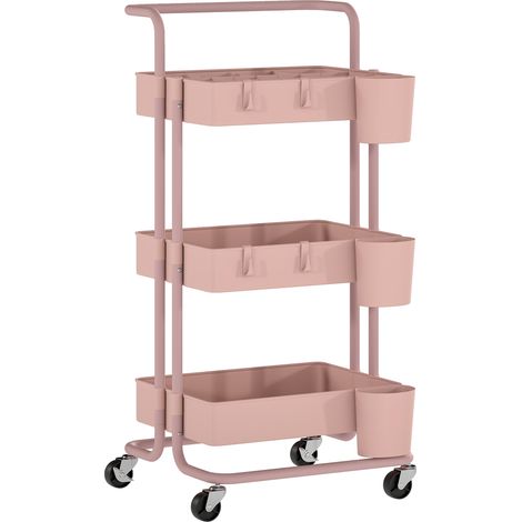 Chariot à 3 niveaux et desserte - 42 x 38 x 86,5 cm, rose - Avec 4 crochets et 3 boîtes suspendues amovibles - Pour cuisine, salle de bain - Design pratique (1/5)