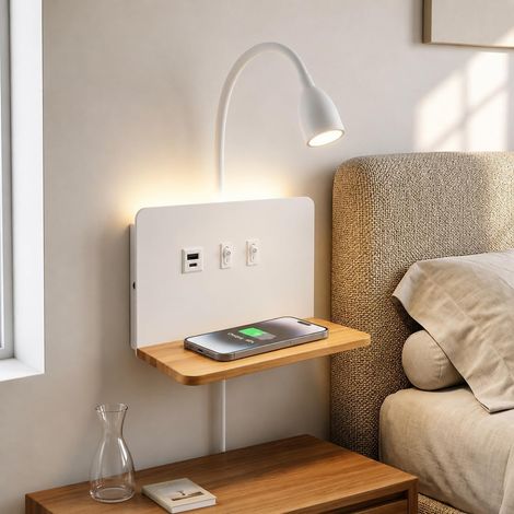 Blanc Applique Murale Interieur avec Chargeur Induction et Port USB-A+C Lampe de Chevet Murale LED Applique Murale Chambre, 360°Cou Flexible Lampe de Lecture 3 Couleurs, Rétroéclairage Blanc Chaud (1/5)