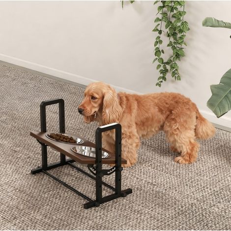 Comedero elevado para perro con altura regulable, 2 cuencos inox 1,2 L, marrón DESVIAE (1/5)