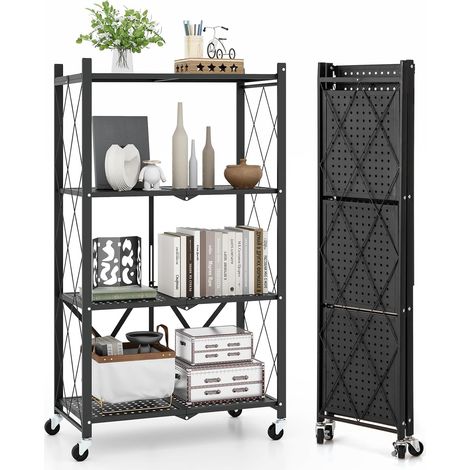 GOPLUS Unité de Rangement Pliable, Étagère en Métal à 4 Niveaux Résistante avec 4 Roues Universelles, Organisateur d'Espace, Étagère Autoportante en Métal pour Cuisine, Salon, Bureau, Noir (1/5)