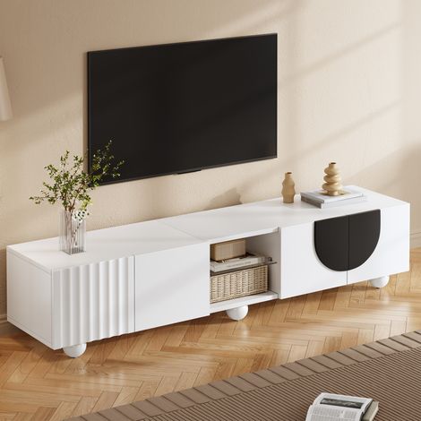 Meuble TV 180 cm avec ouverture par pression et niche ouverte, blanc et noir, pour appartement et hôtel (1/5)