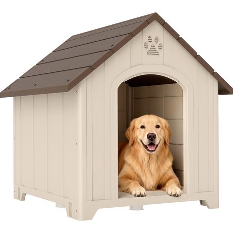 PawHut caseta para perros exterior, casa para perros grandes de plástico impermeable con 2 ventanas, base elevada, estacas, 88x79x89 cm, beige (1/5)