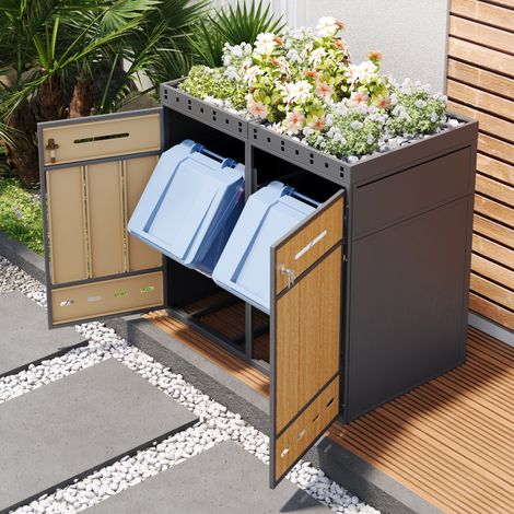 Coffre à déchets avec toit végétalisé, volume 120-240 L, meuble de rangement extérieur pour conteneur, abri poubelle avec toit vert (1/5)