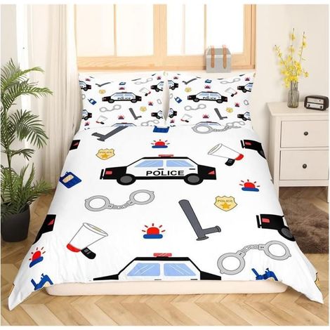 Voiture de Police Housse de Couette 200x200cm Police Vehicle Protector Voiture Blanche Parure de Lit Dessin animé Réversible - 70W (1/4)