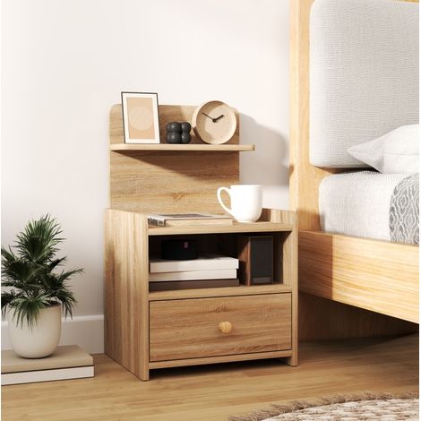 Comodino 40x35x66 cm legno naturale in legno con cassetto, vano aperto e design antiribaltamento (1/5)