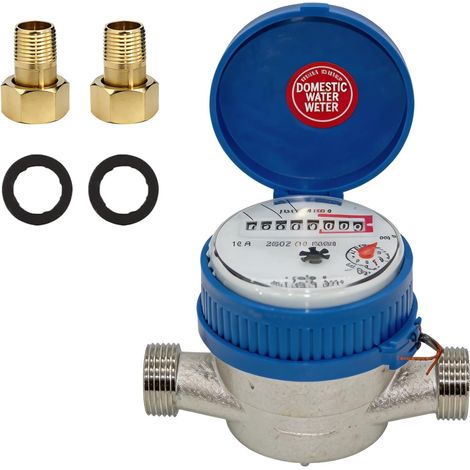 Compteur d'eau froide calibré 1/2" - Compteur d'eau de jardin avec couvercle de protection - Robinet - Compteur d'eau froide - Affichage numérique de 0 à 40 °C (1/5)