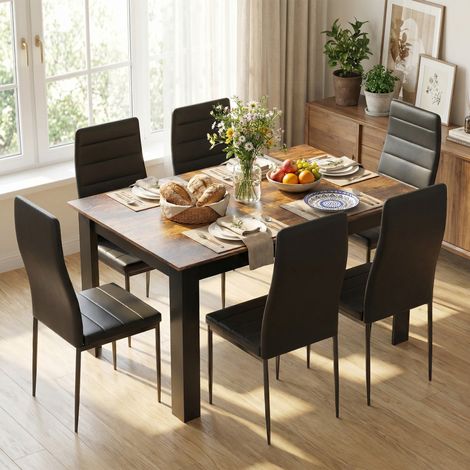 Mondeer Ensemble table et chaises avec 6 chaises simili cuir, table à manger bois massif pour salle à manger cuisine, marron rustique et noir (1/5)