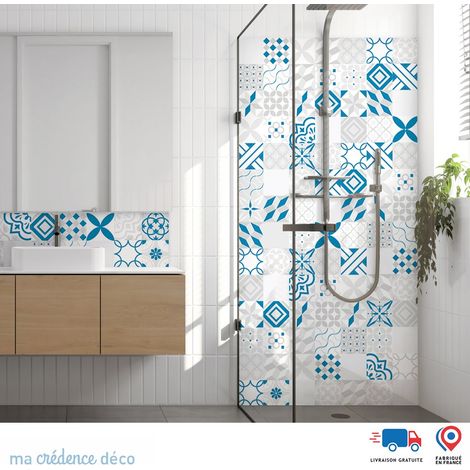 Panneau de douche : Carreaux ciment gris et couleurs - Couleur Bleu clair - Alu composite - 90 - 245 (1/3)