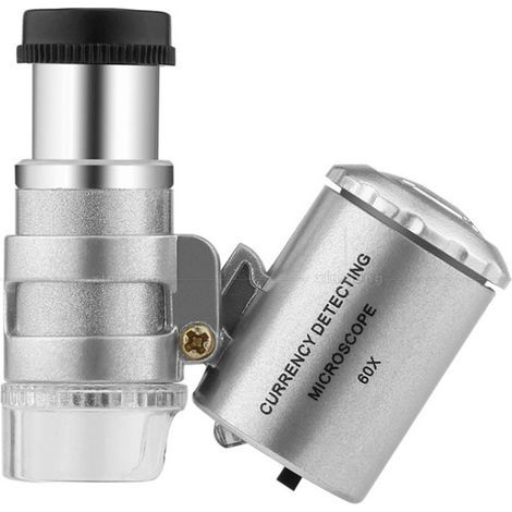 Loupe éclairante, loupe poche mini microscope de poche loupe UV détecteur de monnaie bijoutier loupe avec la lumière LED,60X