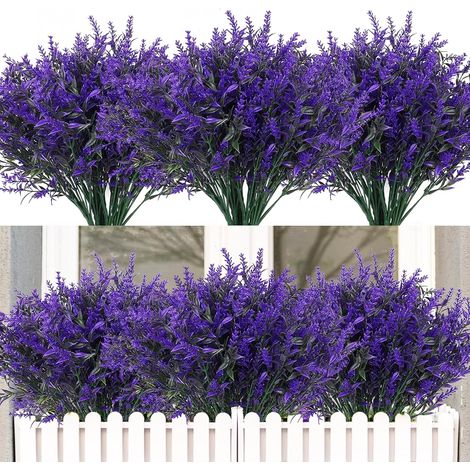 16pcs Lavande Fleurs Artificielles pour Plantes Résistantes à UV, Fausses Fleurs en Plastique pour Décoration Extérieur Maison/Jardin(Violet)