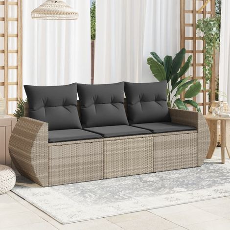 vidaXL 3 Piece Garden Sofa Set with Cushions Light Grey Poly Rattan (1/3)
