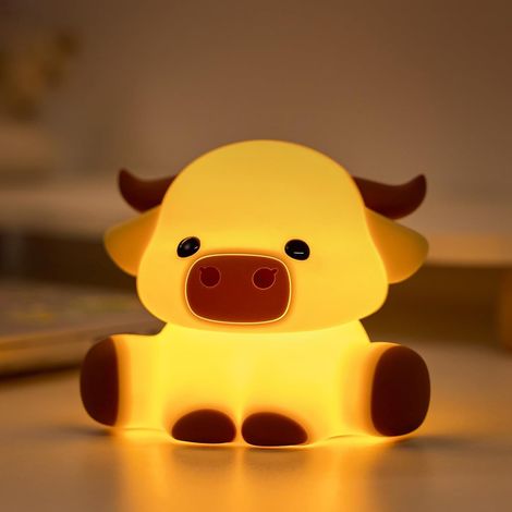 Lámpara de noche con forma de vaca de las Tierras Altas, lámpara LED táctil de silicona, recargable por USB, 3 niveles de intensidad. (1/5)