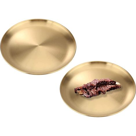 2 Pièces Plateau de Service, Plateau Rond en Métal, Décorative de Plateau, Va au Lave Vaisselle, pour la Cuisine, la Décoration de la Maison, la Réception, le Camping, le Pique Nique (Or) (1/5)