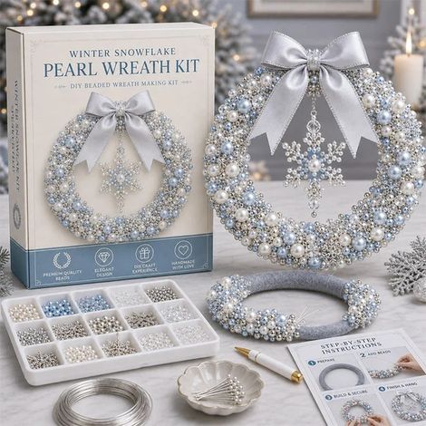 DIY-Weihnachtskranz-Bastelset mit Perlen, Bastelmaterialpaket für Weihnachtskränze, inklusive Holzkranzrahmen, Band, ABS-Perlen, Nadeln, Draht und Acrylplatte. (1/5)