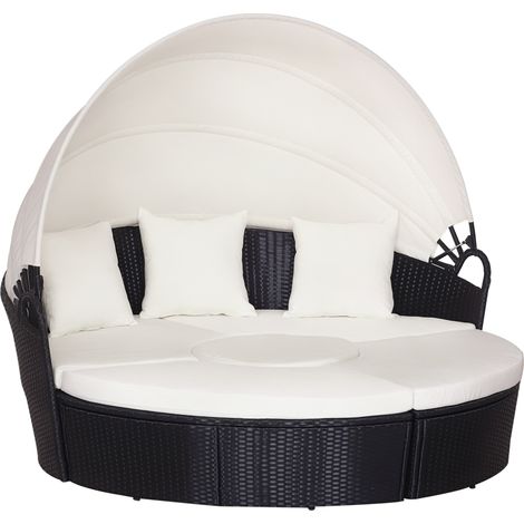 Ensemble de 4 pièces : canapé circulaire de jardin, toit beige et coussins 180 x 175 x 147 cm, meubles sectionnels en rotin noir