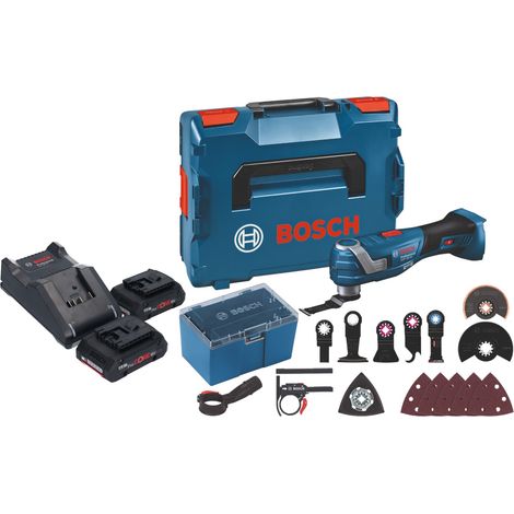 Bosch GOP 18V-34 Professional Cutter multifonctions sans fil 18 V Starlock Plus + 2x batterie ProCore 4,0 Ah + chargeur + 17 pces. d'accessoires + L-Boxx