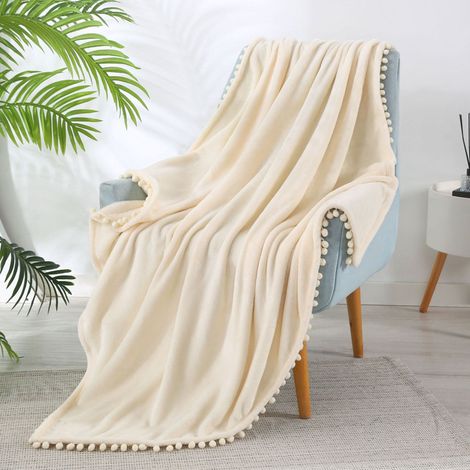 Couverture à pompons 130 150 cm, couverture à pompons en peluche chaude, convient pour canapé-lit, couverture douce décorative en laine (1/5)