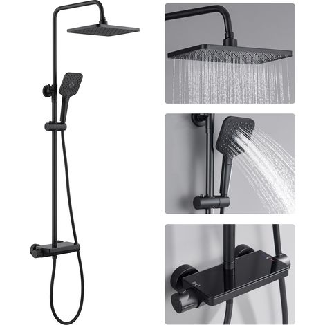 AURALUM MAX Duschsystem mit Thermostat, Regendusche mit 3-Funktionen Handbrause, Kopfbrause und Ablage für Badezimmer, Schwarz