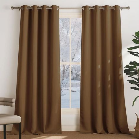 Lot de 2 Rideau Occultant Thermique Isolant Anti Froid et Chaleur 106x160 (lxH) Tenture Opaque à Oeillets Isolation Lumiere Uv Decoration Chambre Maison Salon Intérieurs, Brun Doré (1/5)