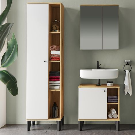 Badmöbel-Set 3-teilig mit Waschbeckenunterschrank 60 cm, modern, in Eiche mit weiß OLEAN-61 (1/5)