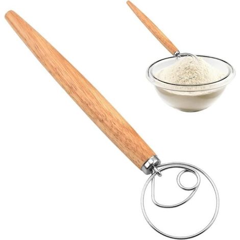 Fouet Cuisine,Mélangeur à Pâte Manuel Grand Batteur à œufs Plat Manche à Bois Mixeur à Tête en Acier Inoxydable Outil de Cuisson (1/4)