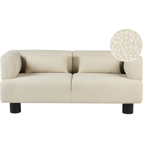Sofá moderno 2 plazas tapizado en bouclé patas de madera reposabrazos rectos blanco crema Movik