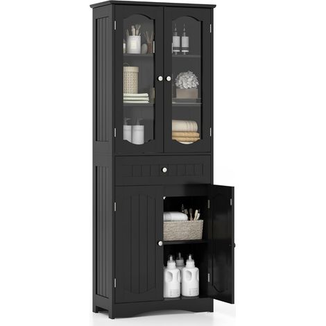 Armadio da bagno alto 160cm con 2 porte in vetro 2 ripiani regolabili e 1 cassetto, Mobile autonomo per cucina Nero (1/4)