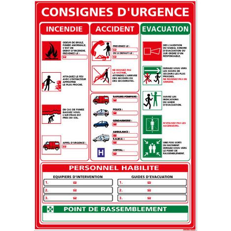 Panneau CONSIGNES GÉNÉRALES EN CAS D’URGENCE à compléter – Adhésif – 300 x 420 mm