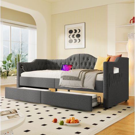 lit avec tiroirs 90x200 banquette gris lin OKMYHOME (1/5)