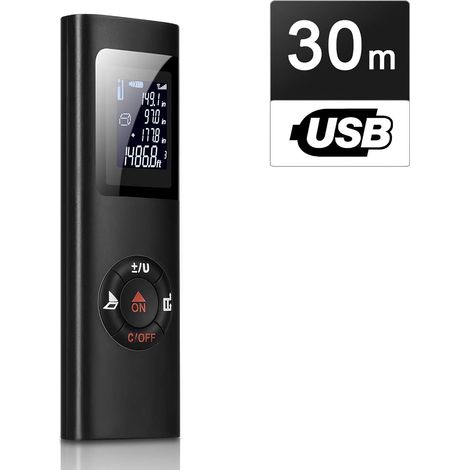 Télémètre laser portable, mesure de distance, de volume et de surface (fonction Pythagore), écran LCD rétroéclairé, rechargeable. (1/4)