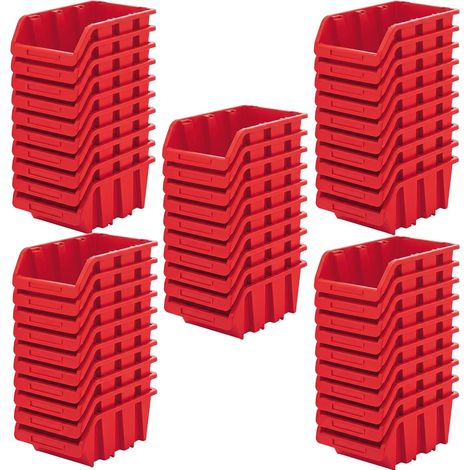 Lot de 50 botes de rangement empilables en plastique PP robuste avec compartiment pour étiquettes pour atelier, garage et cave (rouge, 50 pièces, 290 x 200 mm) (1/5)
