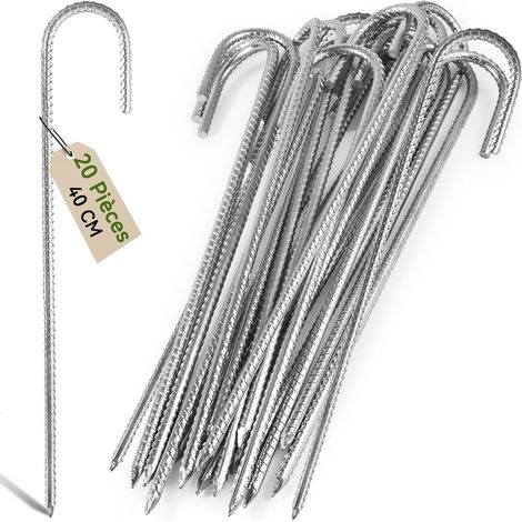 20 Piquets d'ancrage, Acier galvanisé 40cm, Crochet en J, Pour tente, Trampoline, Jardin (1/5)